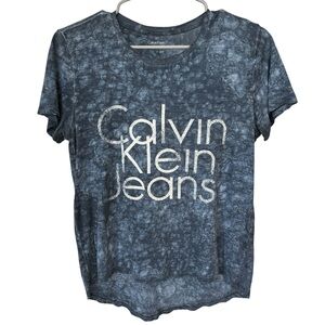 Calvin Klein Jeans Logo Tie-Dye T-Shirt Women’s Size Medium Blue High Low Hem